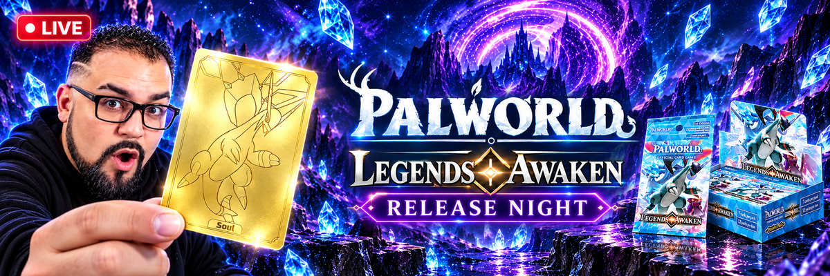 Palworld Legends Awaken release night, featuring UPV holding a gold card alongside booster packs and box. Watch on YouTube.